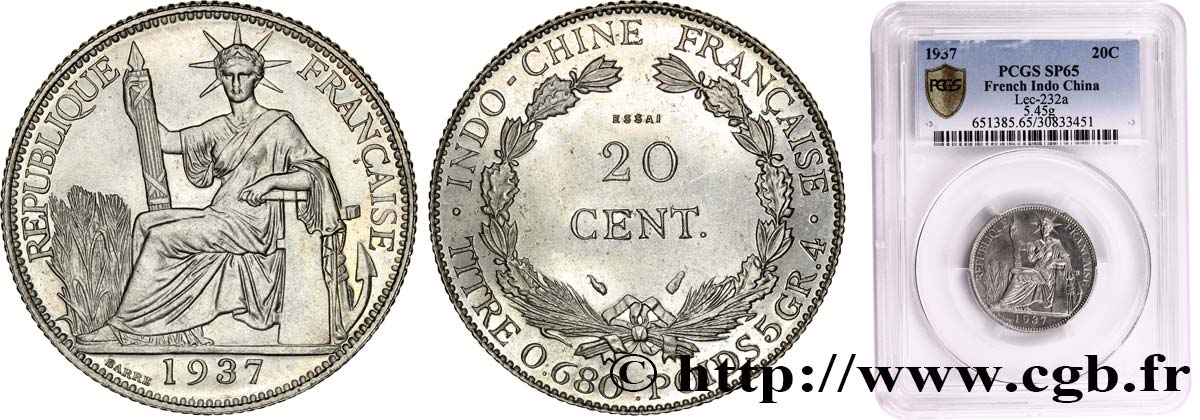 INDOCHINA Essai de 20 Centièmes Nickel 1937 Paris FDC65 PCGS