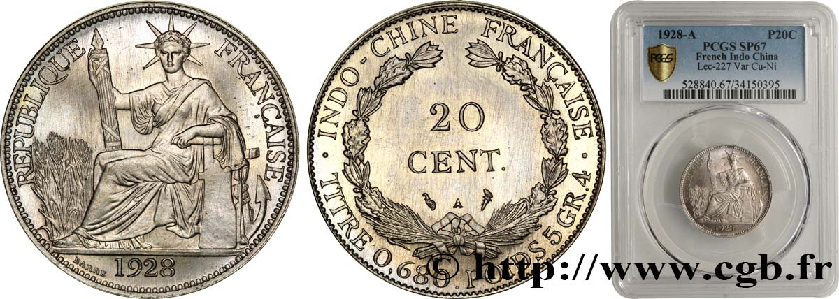 FRANZÖSISCHE-INDOCHINA 20 Centièmes (Essai) Cupro-Nickel 1928 Paris ST67 PCGS