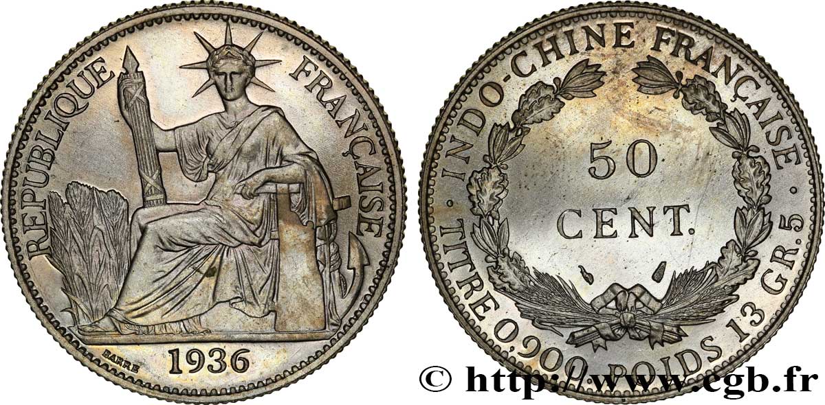 FRENCH INDOCHINA Pré-série 50 Centièmes en bronze de nickel, sans le mot ESSAI 1936 Paris MS 