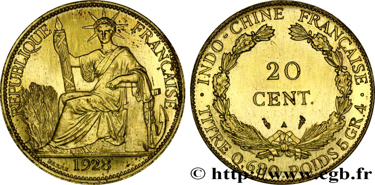 FRENCH INDOCHINA Essai bronze 20 Centièmes 1928 Paris MS 