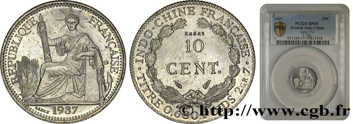 INDOCHINA Essai 10 Centièmes en Nickel 1937 Paris FDC65 PCGS