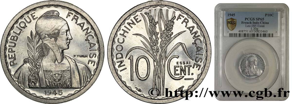 FRENCH INDOCHINA Essai de 10 Centièmes 1945 Paris MS65 PCGS