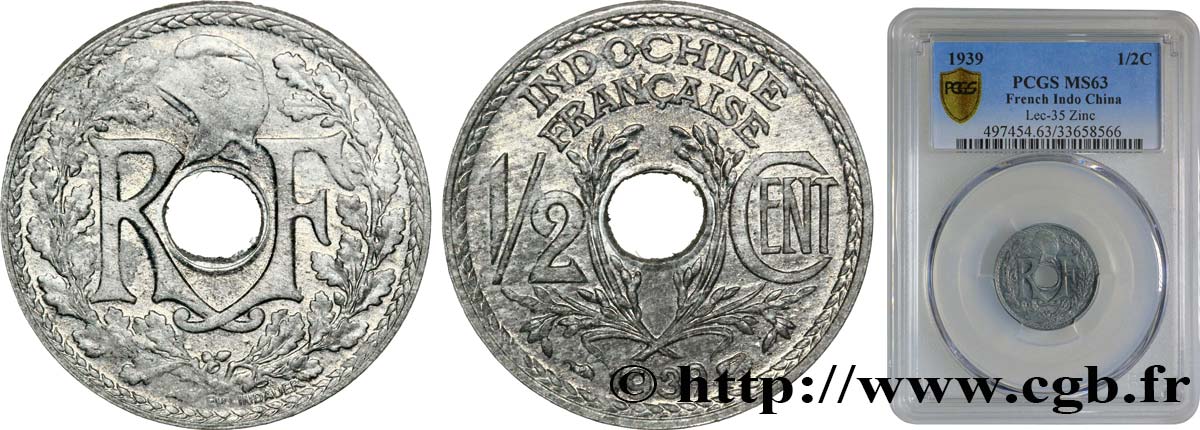 FRENCH INDOCHINA 1/2 Centième en Zinc 1939 Paris MS63 PCGS