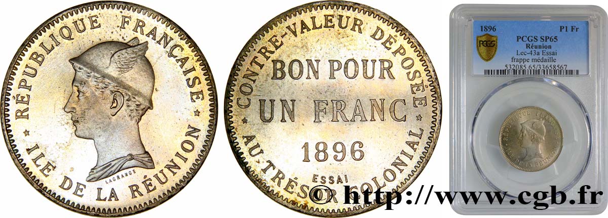 REUNION ISLAND Essai de 1 Franc frappe médaille 1896 Paris MS65 PCGS