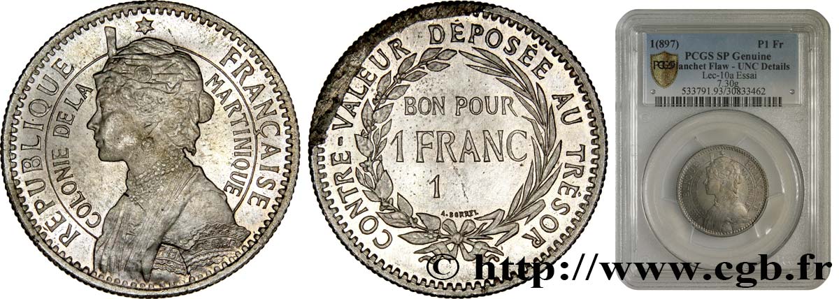 MARTINIQUE Essai de 1 Franc tranche striée date incomplète n.d. sans atelier MS PCGS