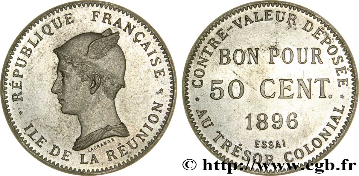 REUNION ISLAND Essai de 50 Centimes frappe médaille 1896 Paris MS 