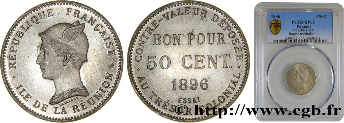 REUNION INSEL Essai de 50 Centimes frappe médaille 1896 Paris ST65 PCGS