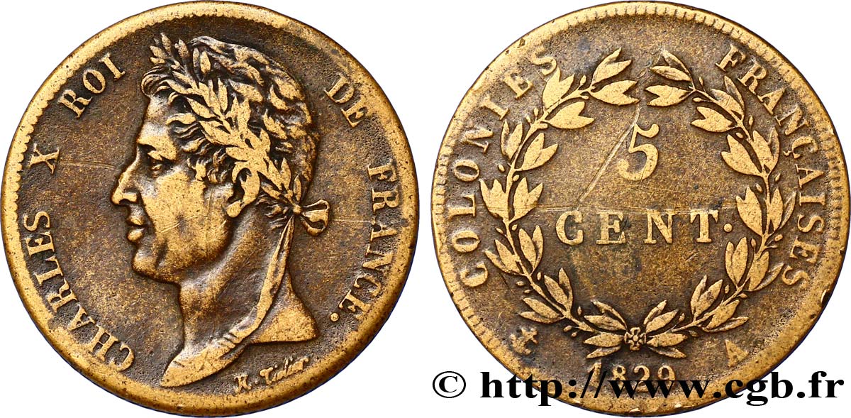 COLONIE FRANCESI - Carlo X, per Guyana 5 Centimes Charles X 1829 Paris - A q.BB 