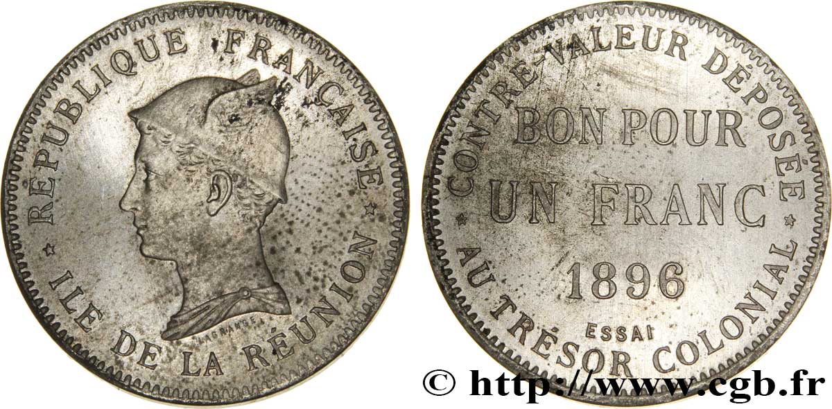 REUNION ISLAND Essai de 1 Franc frappe médaille 1896 Paris MS 