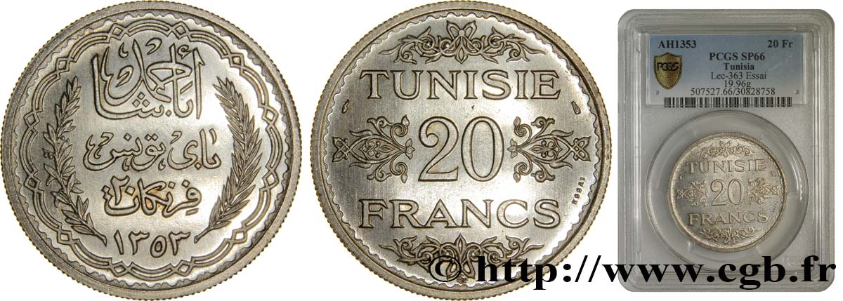 TUNISIA - Protettorato Francese Essai de 20 Francs argent au nom de Ahmed Bey AH 1353 1934 Paris FDC66 PCGS