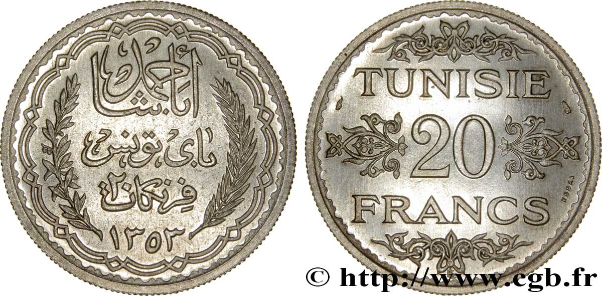 TUNESIEN - Französische Protektorate  Essai 20 Francs argent au nom de Ahmed Bey AH 1353 1934 Paris ST 