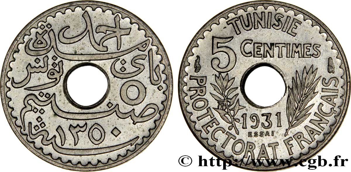 TUNISIA - French protectorate 5 Centimes Essai au nom d’Ahmed Bey 1931 Paris MS 