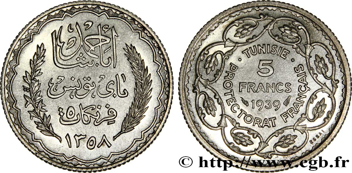 TUNISIE - PROTECTORAT FRANÇAIS Essai 5 Francs argent au nom de Ahmed Bey AH 1358 1939 Paris SPL 