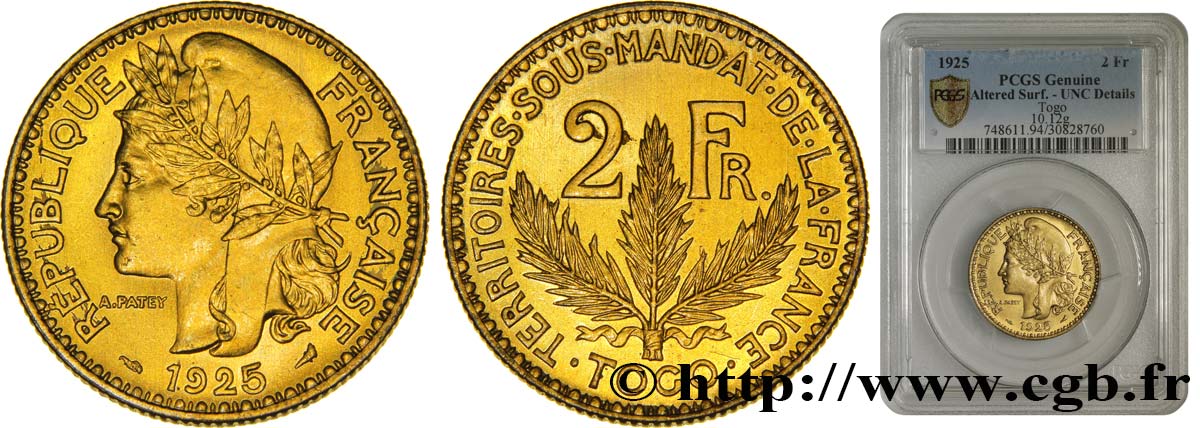 TOGO - FRENCH MANDATE TERRITORIES 2 Francs, pré-série de Morlon ? poids lourd, 10 grammes 1925 Paris MS PCGS