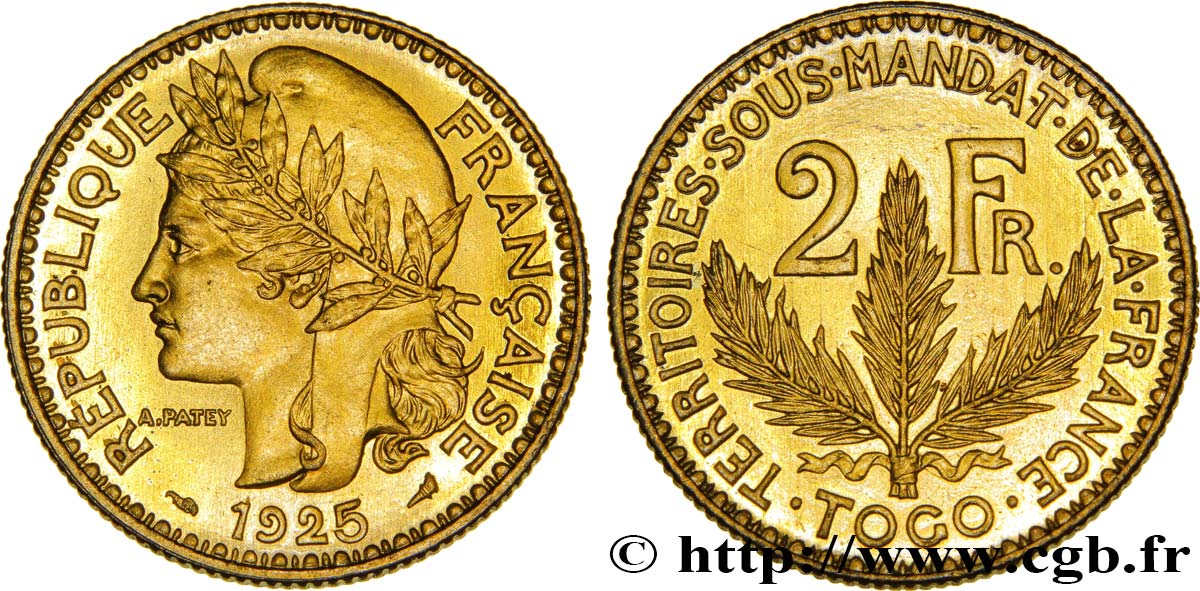 TOGO - FRENCH MANDATE TERRITORIES 2 Francs, pré-série de Morlon ? poids lourd, 10 grammes 1925 Paris MS 