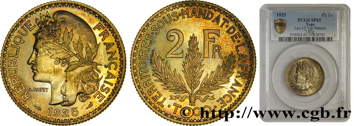 TOGO - FRENCH MANDATE TERRITORIES 2 Francs, poids léger - Essai de frappe de 2 Francs Morlon - 8 grammes 1925 Paris MS65 PCGS