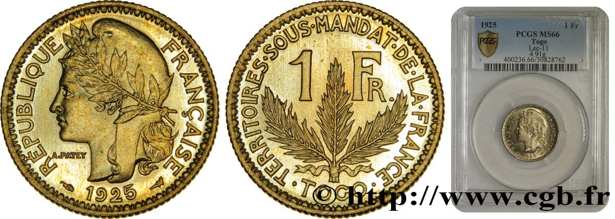 TOGO - FRENCH MANDATE TERRITORIES 1 Franc, pré-série de Morlon ? poids lourd, 5 grammes 1925 Paris MS66 PCGS