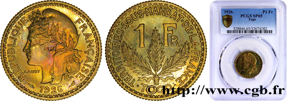TOGO - Territorios sobre mandato frances 1 Franc léger - Essai de frappe de 1 Franc Morlon - 4 grammes 1926 Paris FDC65 PCGS