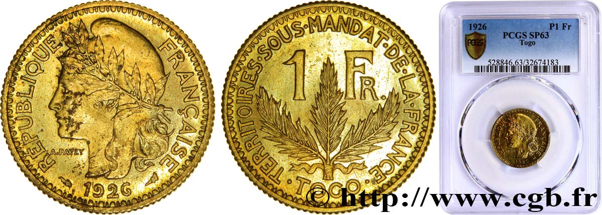 TOGO - FRANZÖSISCHE MANDAT 1 Franc léger - Essai de frappe de 1 Franc Morlon - 4 grammes 1926 Paris fST63 PCGS