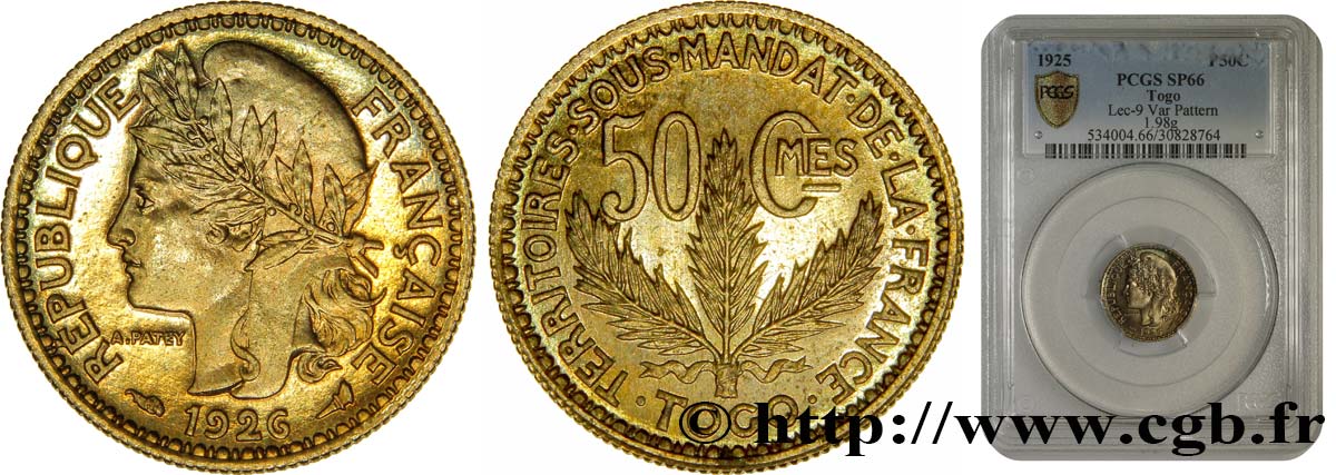 TOGO - MANDATO FRANCESE 50 Centimes léger - Essai de frappe de 50 cts Morlon - 2 grammes 1926 Paris FDC66 PCGS