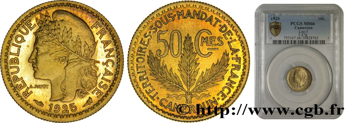 CAMEROON - FRENCH MANDATE TERRITORIES 50 Centimes, pré-série de Morlon poids lourd, 2,5 grammes 1925 Paris MS66 PCGS
