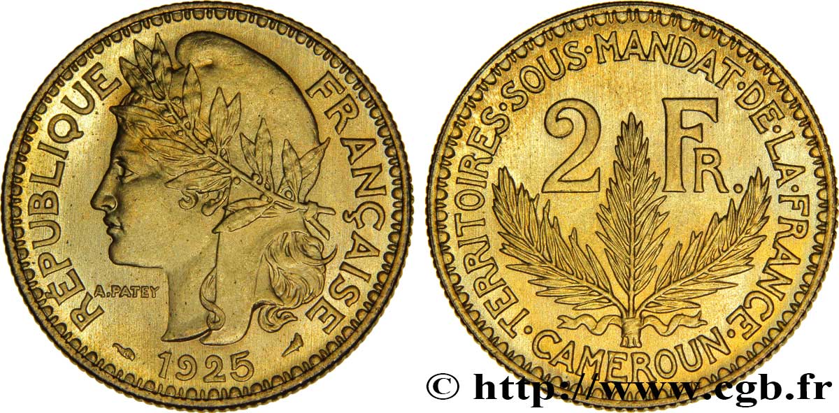 CAMEROON - FRENCH MANDATE TERRITORIES 2 Francs, pré-série de Morlon poids lourd, 10 grammes 1925 Paris MS 