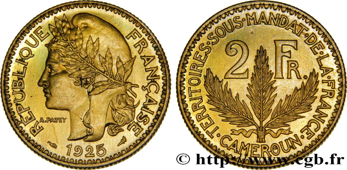 CAMEROON - TERRITORIES UNDER FRENCH MANDATE 2 Francs, pré-série de Morlon poids lourd, 10 grammes 1925 Paris MS 