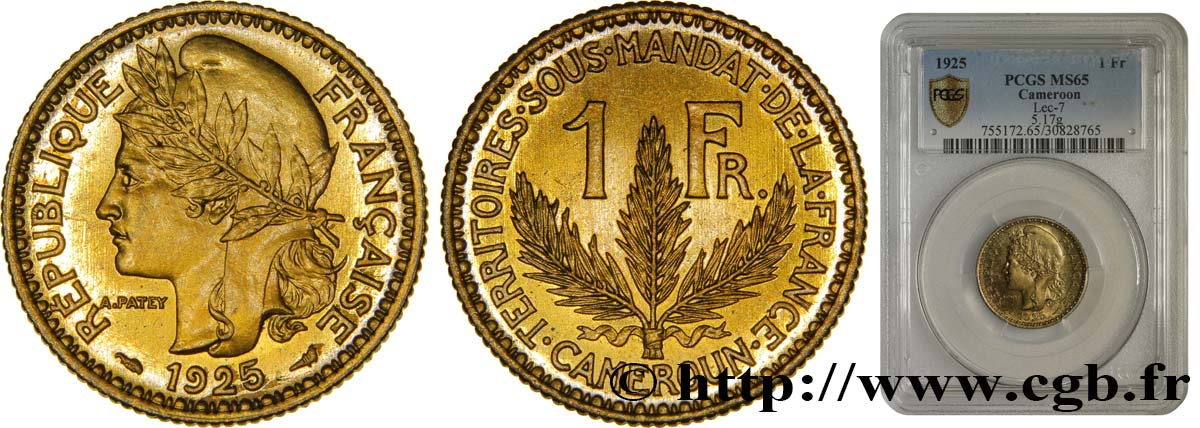 CAMERUN - Territorios sobre mandato frances 1 Franc, pré-série de Morlon poids lourd, 5 grammes 1925 Paris FDC65 PCGS