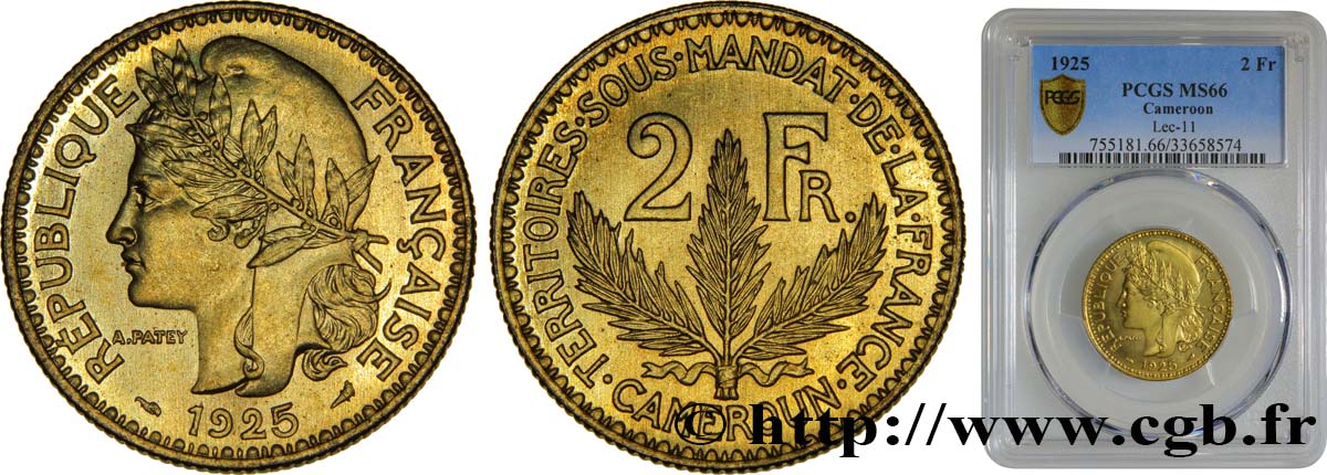 CAMEROON - FRENCH MANDATE TERRITORIES 2 Francs, pré-série de Morlon poids lourd, 10 grammes 1925 Paris MS66 PCGS