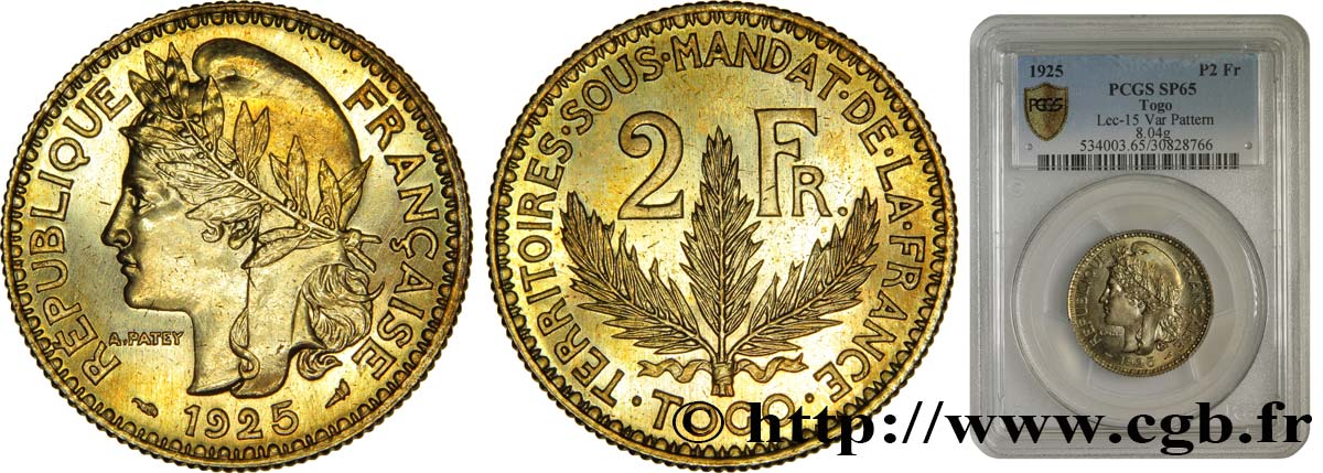TOGO - MANDATO FRANCESE 2 Francs, poids léger - Essai de frappe de 2 Francs Morlon - 8 grammes 1925 Paris FDC65 PCGS