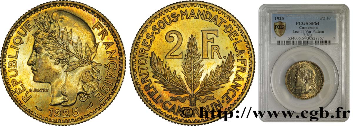 KAMERUN - FRANZÖSISCHE MANDAT 2 Francs poids léger - Essai de frappe de 2 Francs Morlon - 8 grammes 1925 Paris fST64 PCGS