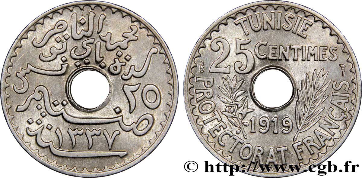 TUNESIEN - Französische Protektorate  25 Centimes AH1337 1919 Paris fST 