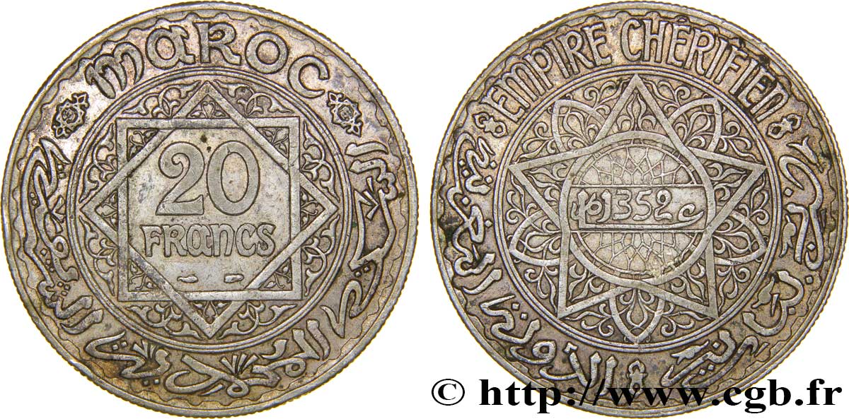 MARUECOS - PROTECTORADO FRANCÉS 20 Francs AH 1352 1933 Paris MBC 