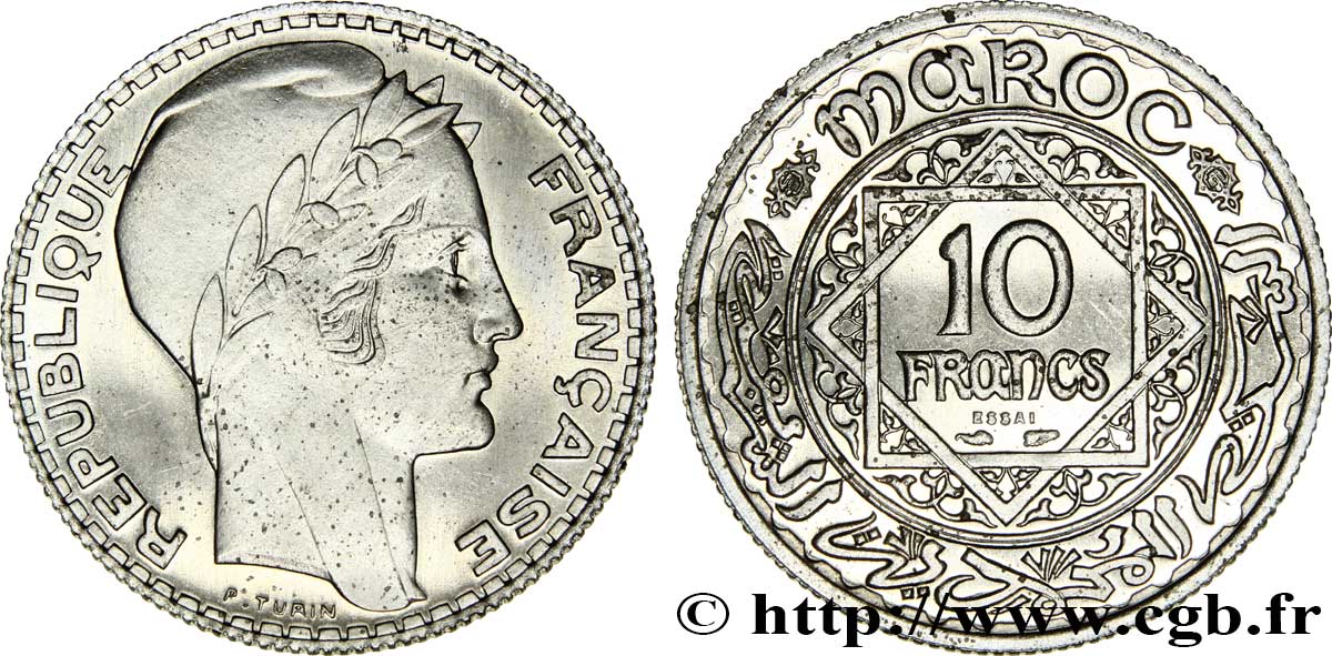 MARUECOS - PROTECTORADO FRANCÉS Essai de 10 Francs Turin 1929 (?) Paris SC 