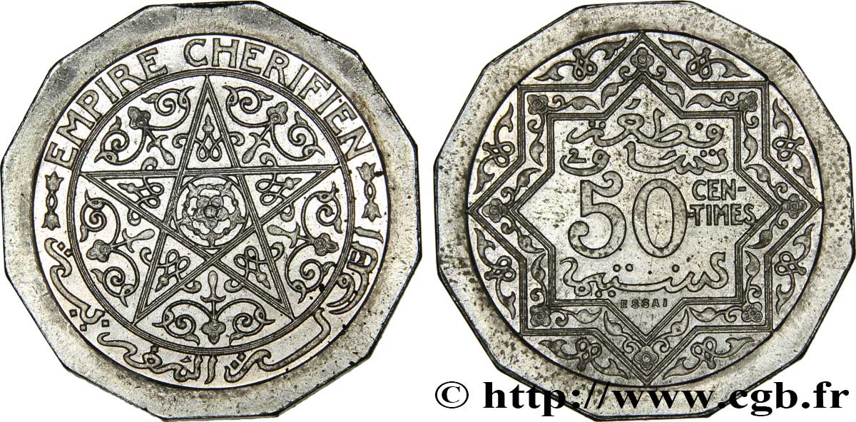 MOROCCO - FRENCH PROTECTORATE Essai large en piéfort de 50 Centimes en cupro-nickel, 14 grammes (1925) Paris MS64 PCGS