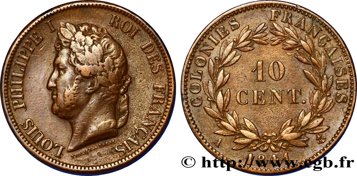 COLONIAS FRANCESAS - Louis-Philippe para Guadalupe 10 Centimes 1841 Paris MBC 