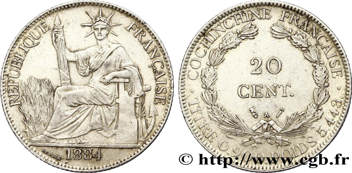 FRENCH COCHINCHINA 20 Centimes 1884 Paris XF 