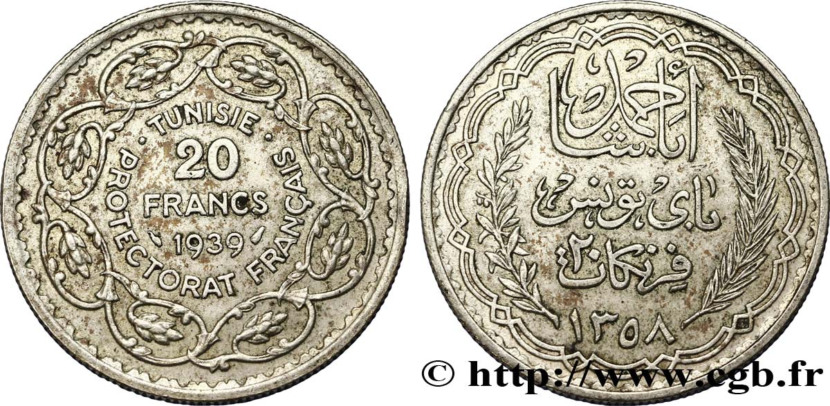 TUNISIA - French protectorate 20 Francs au nom du  Bey Ahmed an 1358 1939 Paris XF 