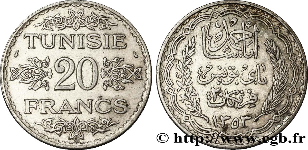 TUNEZ - Protectorado Frances 20 Francs au nom du  Bey Ahmed an 1353 1934 Paris MBC+ 