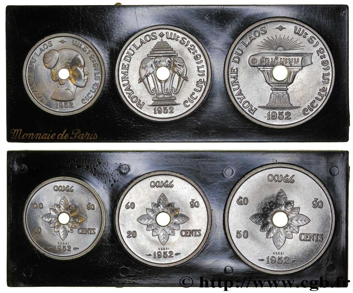 LAO Boîte de 10, 20 et 50 cents ESSAI 1952 Paris FDC 
