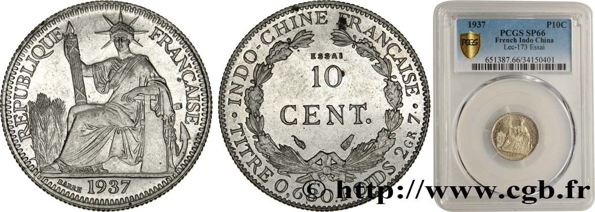 FRANZÖSISCHE-INDOCHINA Essai 10 Centièmes en Cupro-Nickel 1937 Paris ST66 PCGS