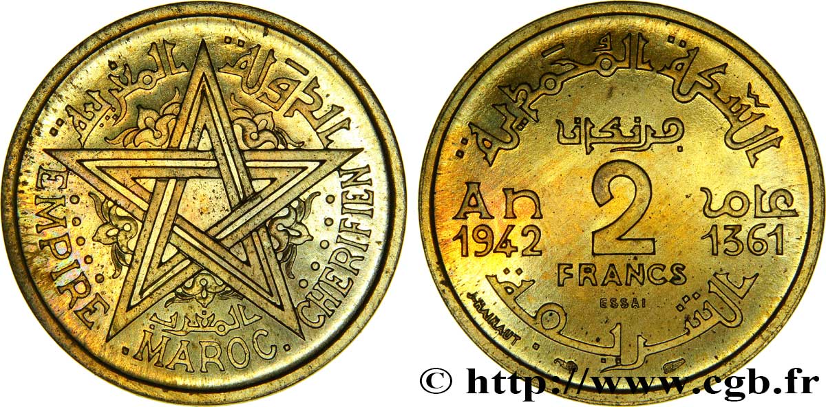 MARUECOS - PROTECTORADO FRANCÉS Essai de 2 Francs 1942 Paris SC 