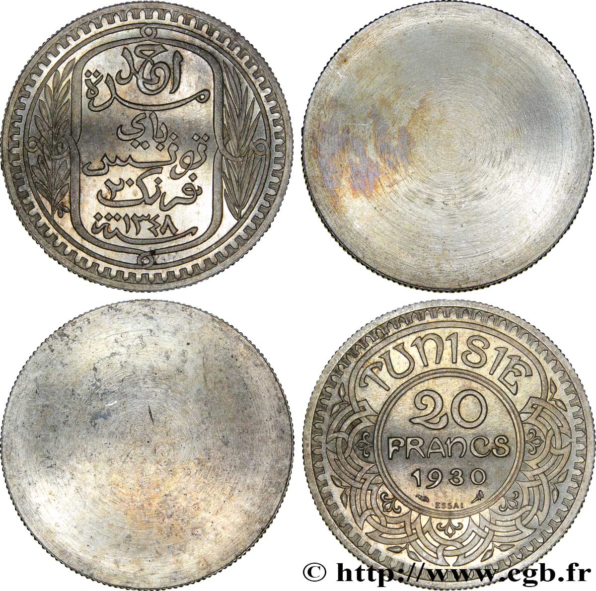 TUNISIA - Protettorato Francese Paire d’essais unifaces de 20 Francs au nom de Ahmed Bey 1930 Paris MS 