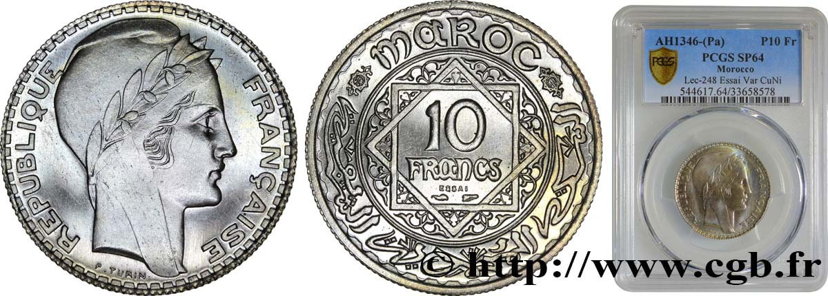 MARUECOS - PROTECTORADO FRANCÉS Essai de 10 Francs Turin 1929 (?) Paris SC64 PCGS