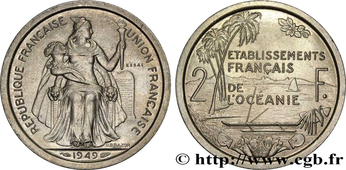 FRENCH POLYNESIA - Oceania Francesa Essai de 2 Francs Établissements français de l’Océanie 1949 Paris FDC 
