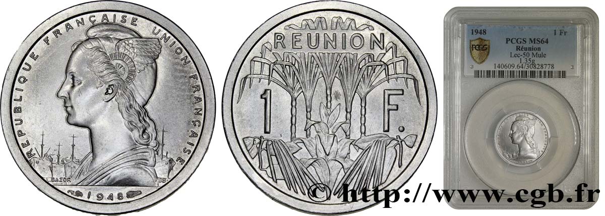 REUNION - FRANZÖSISCHE UNION 1 Franc 1948 Monnaie de Paris fST64 PCGS