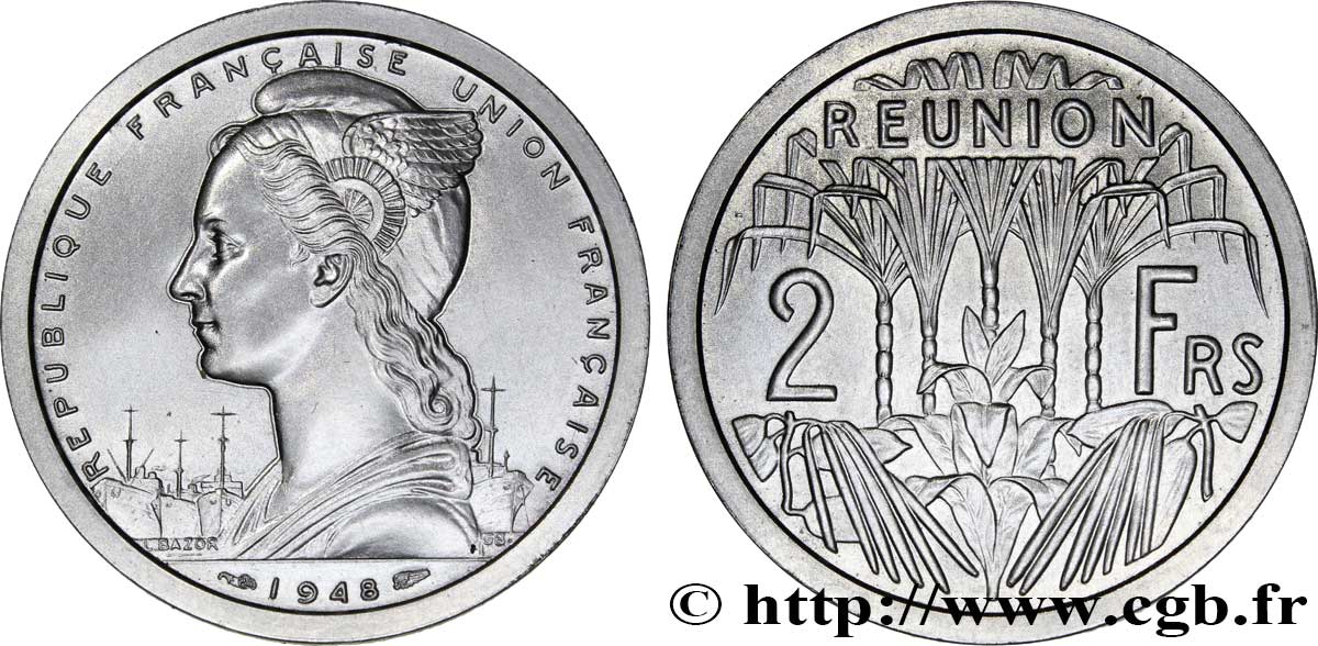 REUNION - FRANZÖSISCHE UNION 2 Francs Union Française en aluminium 1948 Paris ST 