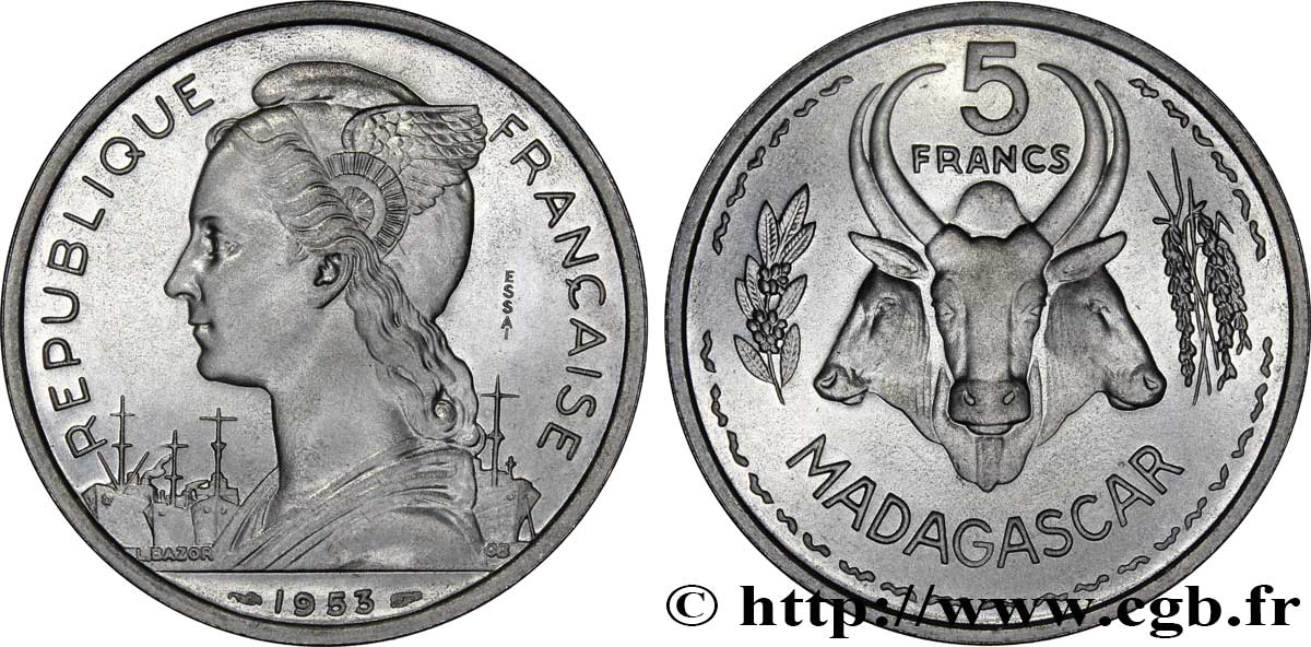 MADAGASCAR French Union Essai de 5 Francs 1953 Paris MS 