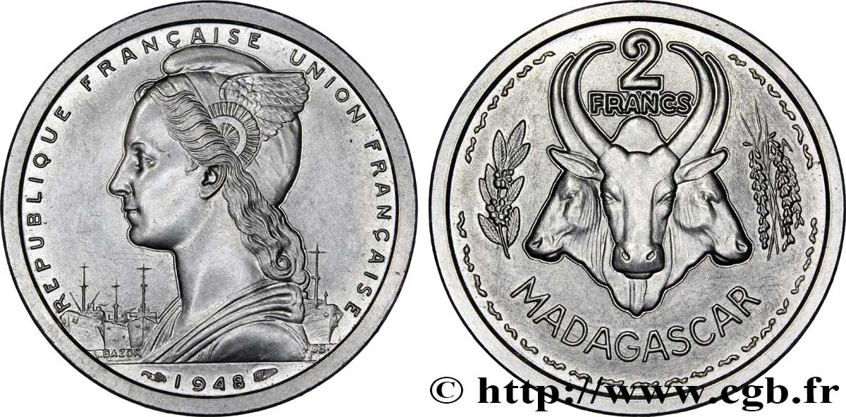 MADAGASKAR - FRANZÖSISCHE UNION 2 Francs Union Française 1948 Paris ST 