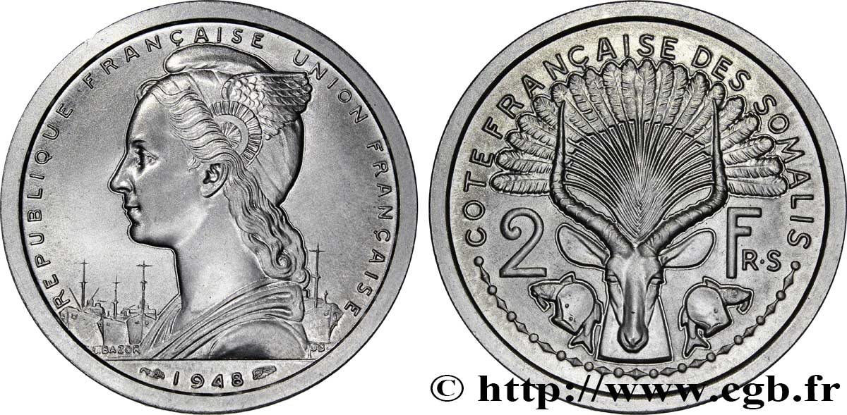 FRANZÖSISCHE SOMALILAND 2 Francs Union Française 1948 Paris ST 